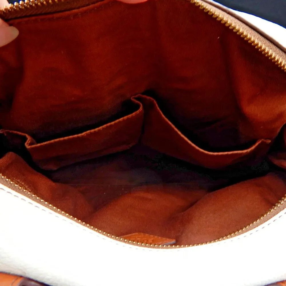 Fossil 1954 Julia Satchel Purse Multi Teal White Leather Handbag Brown Accent